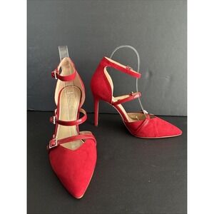 Jessica Simpson Red Suede Patent Leather Pointed Toe 3‎ Strap Heel Size 8.5